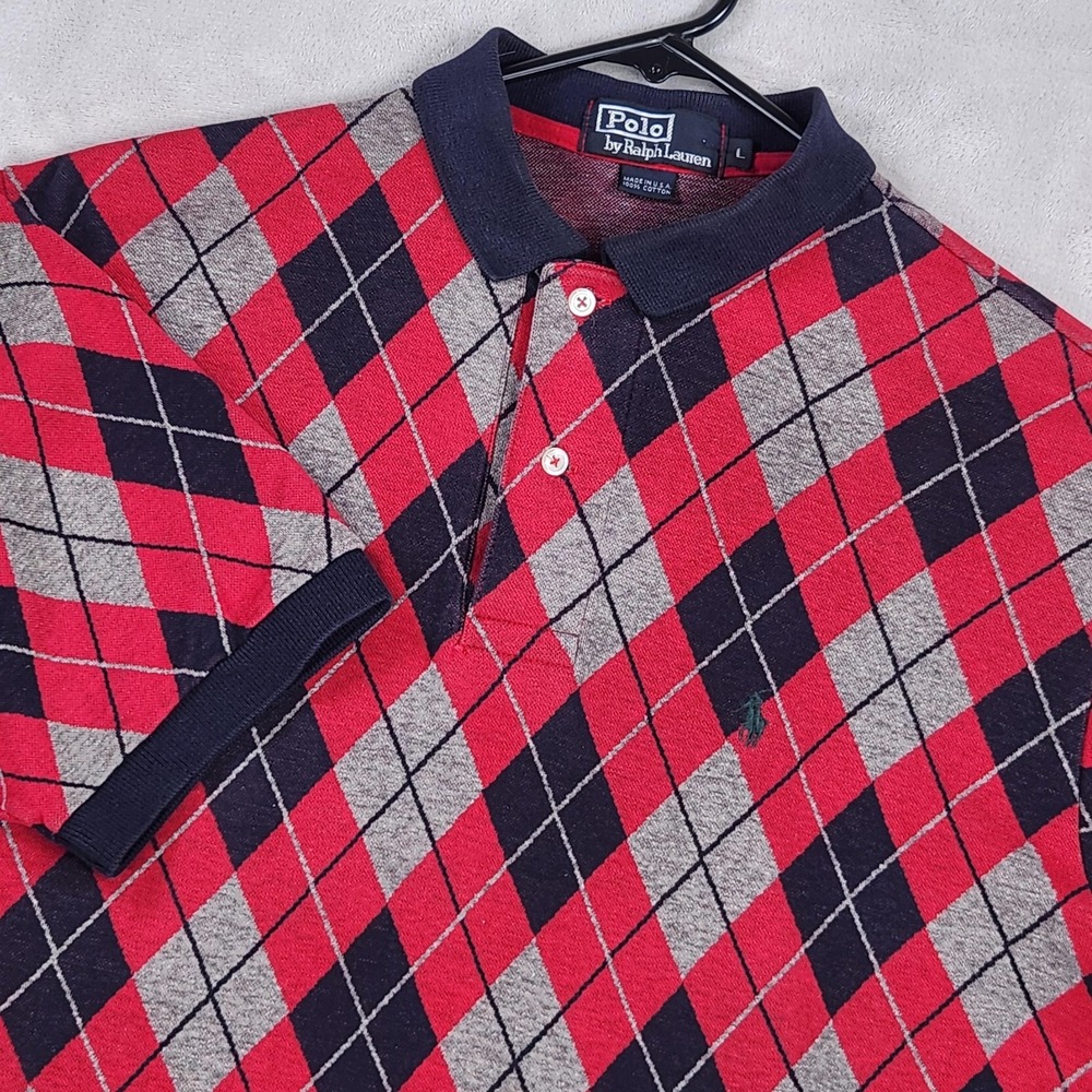 Vintage Polo Ralph Lauren Polo Shirt Mens Large Red Argyle Knit Made USA Cotton